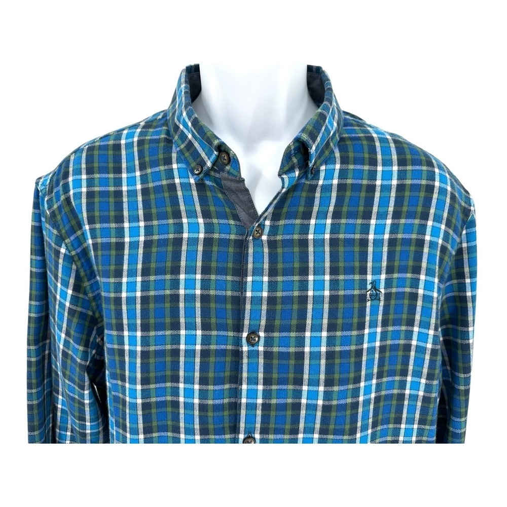 ORIGINAL PENGUIN Heritage Shirt Button Down Slim Fit Blue Plaid Flannel Men's XL
